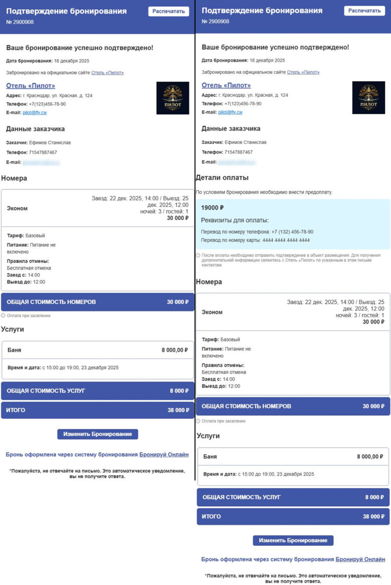Уведомления, поступающие на почту гостя