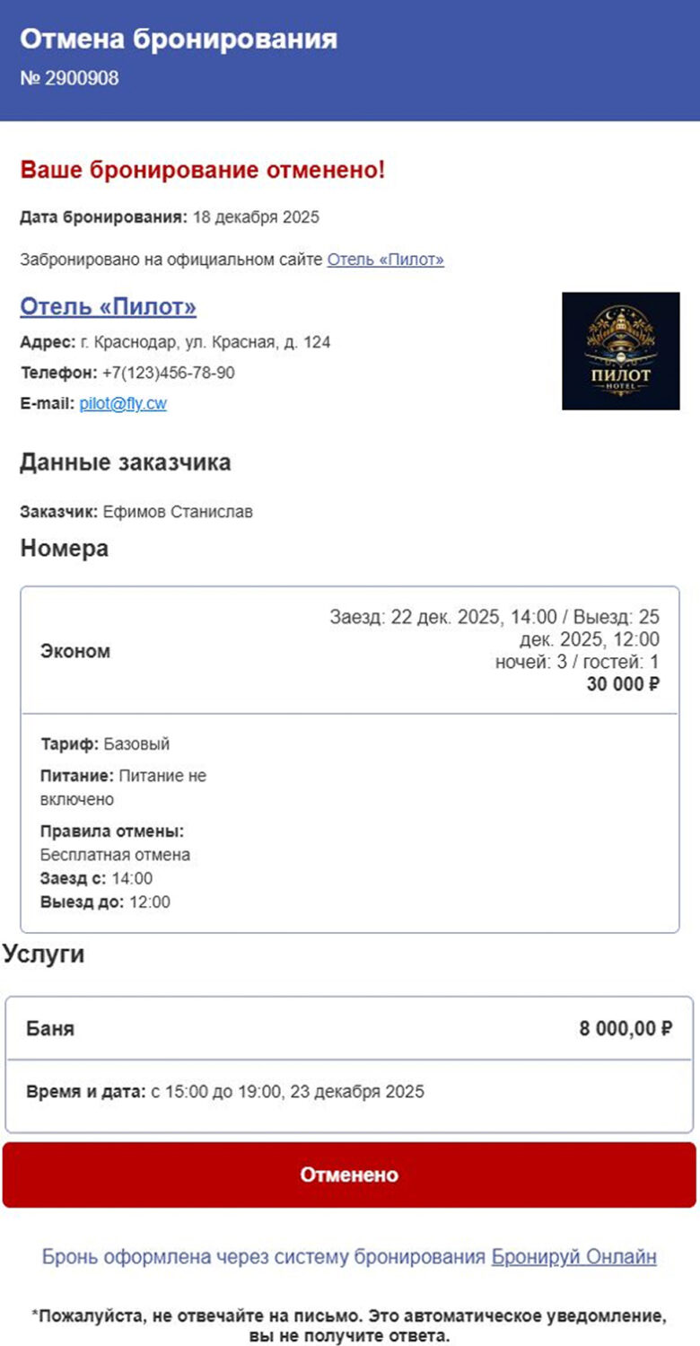 Уведомления, поступающие на почту гостя