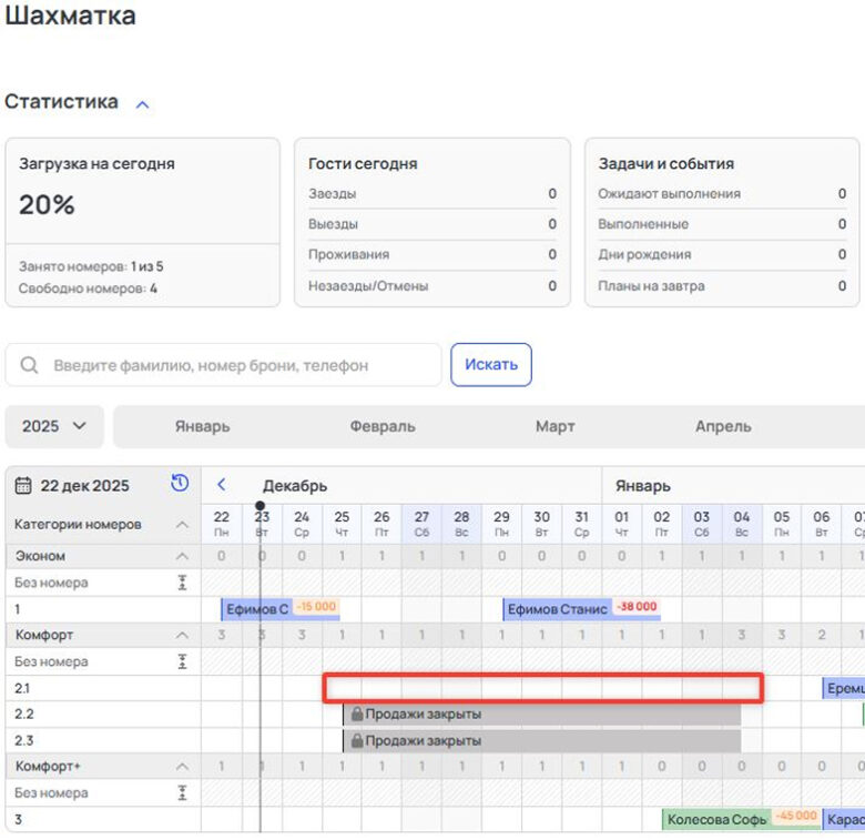 Управление доступностью комнат в шахматке