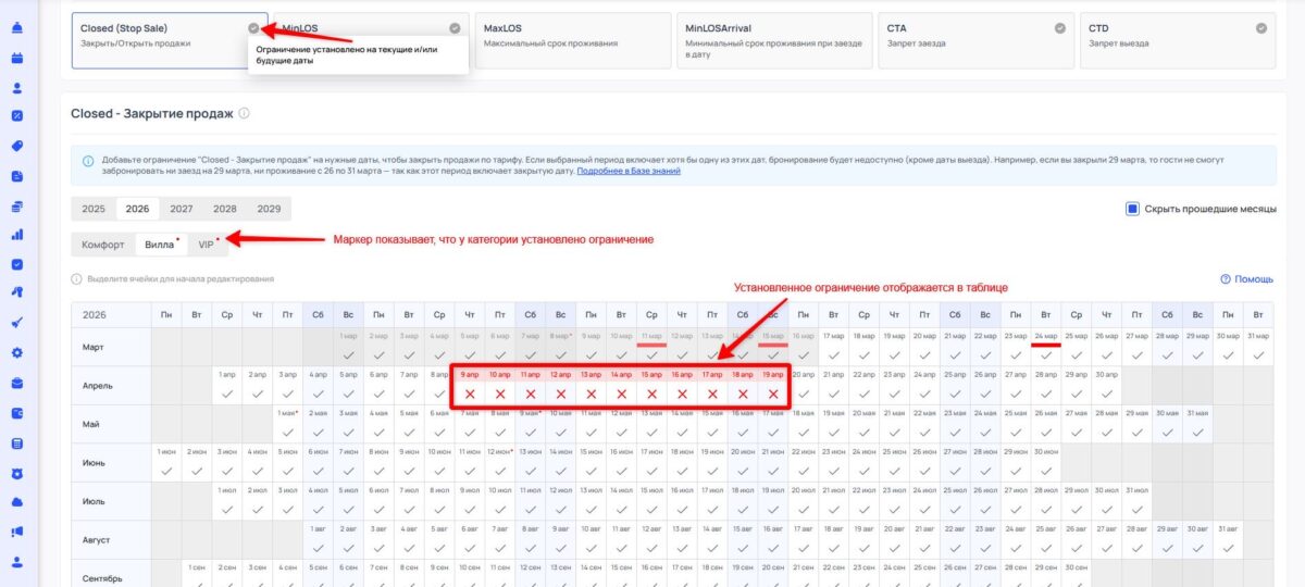 Ограничение тарифа Closed (Stop Sale): закрытие продаж