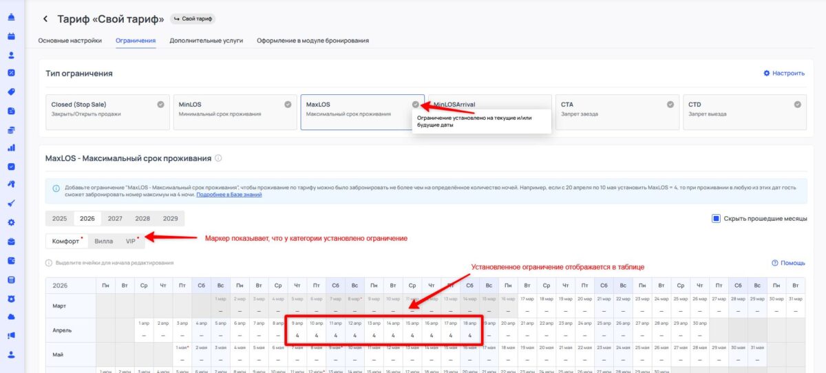 Ограничение тарифа MaxLOS (Maximum Length of Stay): максимальный срок проживания
