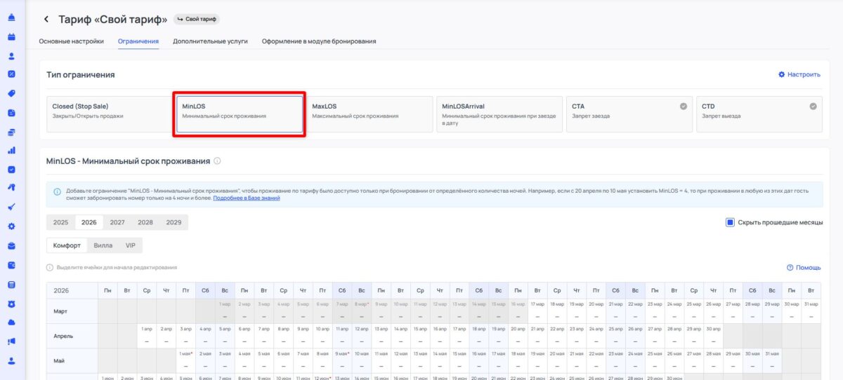 Ограничение тарифа MinLOS (Minimum Length of Stay): минимальный срок проживания