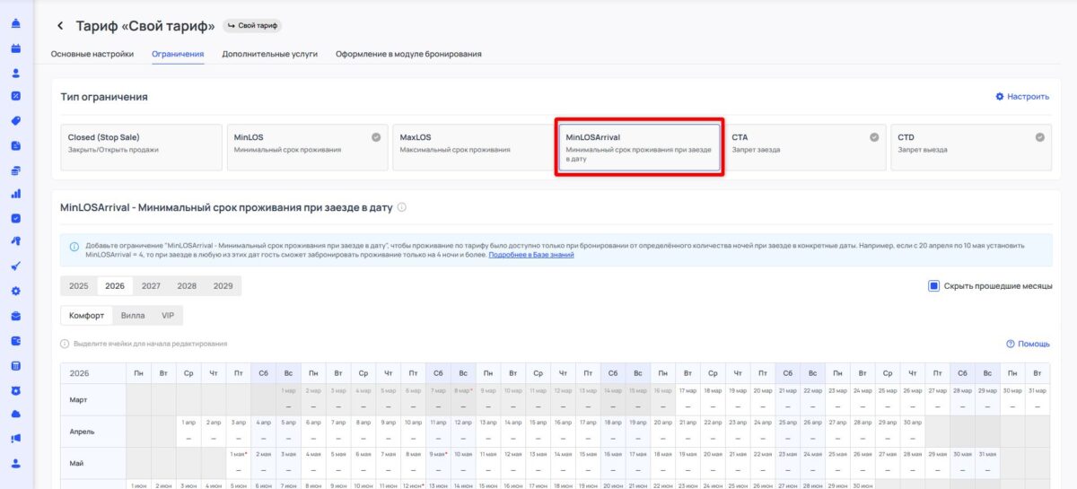 Ограничение тарифа MinLOSArrival (Minimum Length of Stay Arrival): минимальный срок проживания при заезде в дату