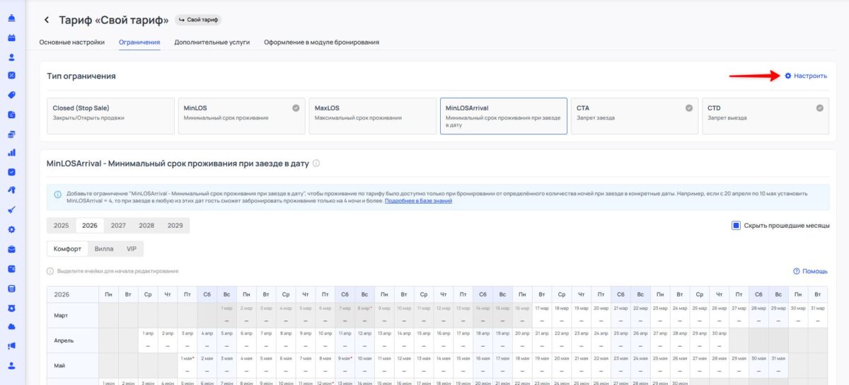Ограничение тарифа MinLOSArrival (Minimum Length of Stay Arrival): минимальный срок проживания при заезде в дату