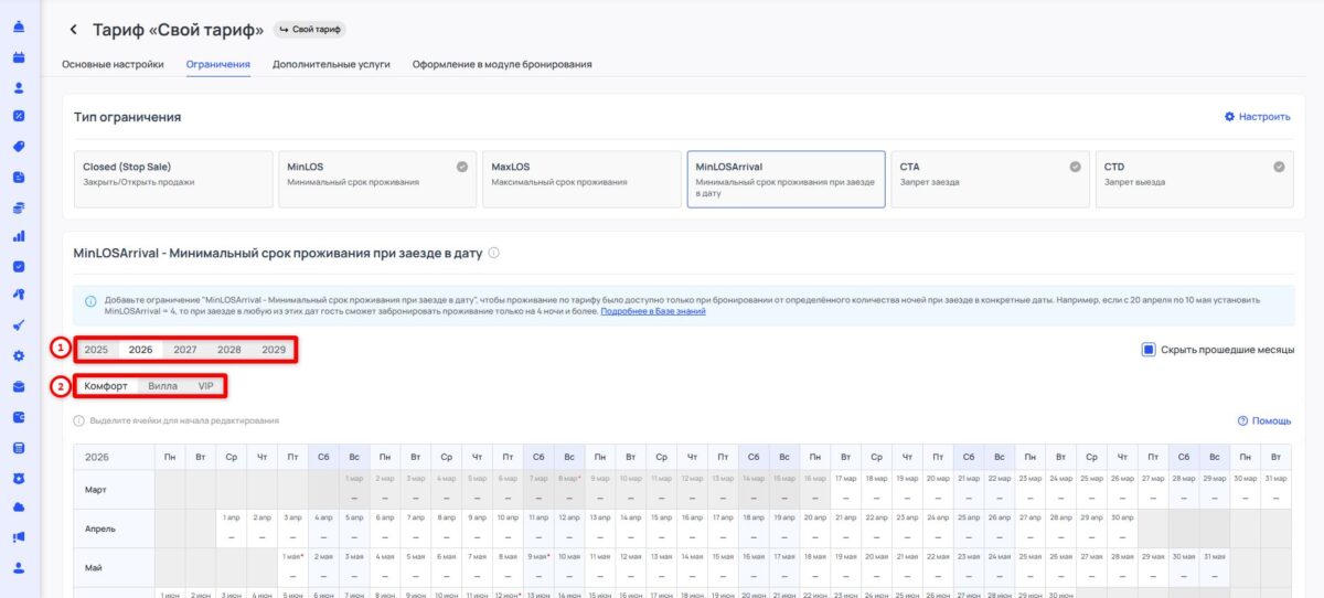 Ограничение тарифа MinLOSArrival (Minimum Length of Stay Arrival): минимальный срок проживания при заезде в дату