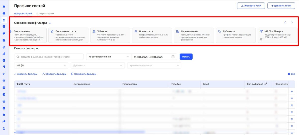 Профили и статусы гостей